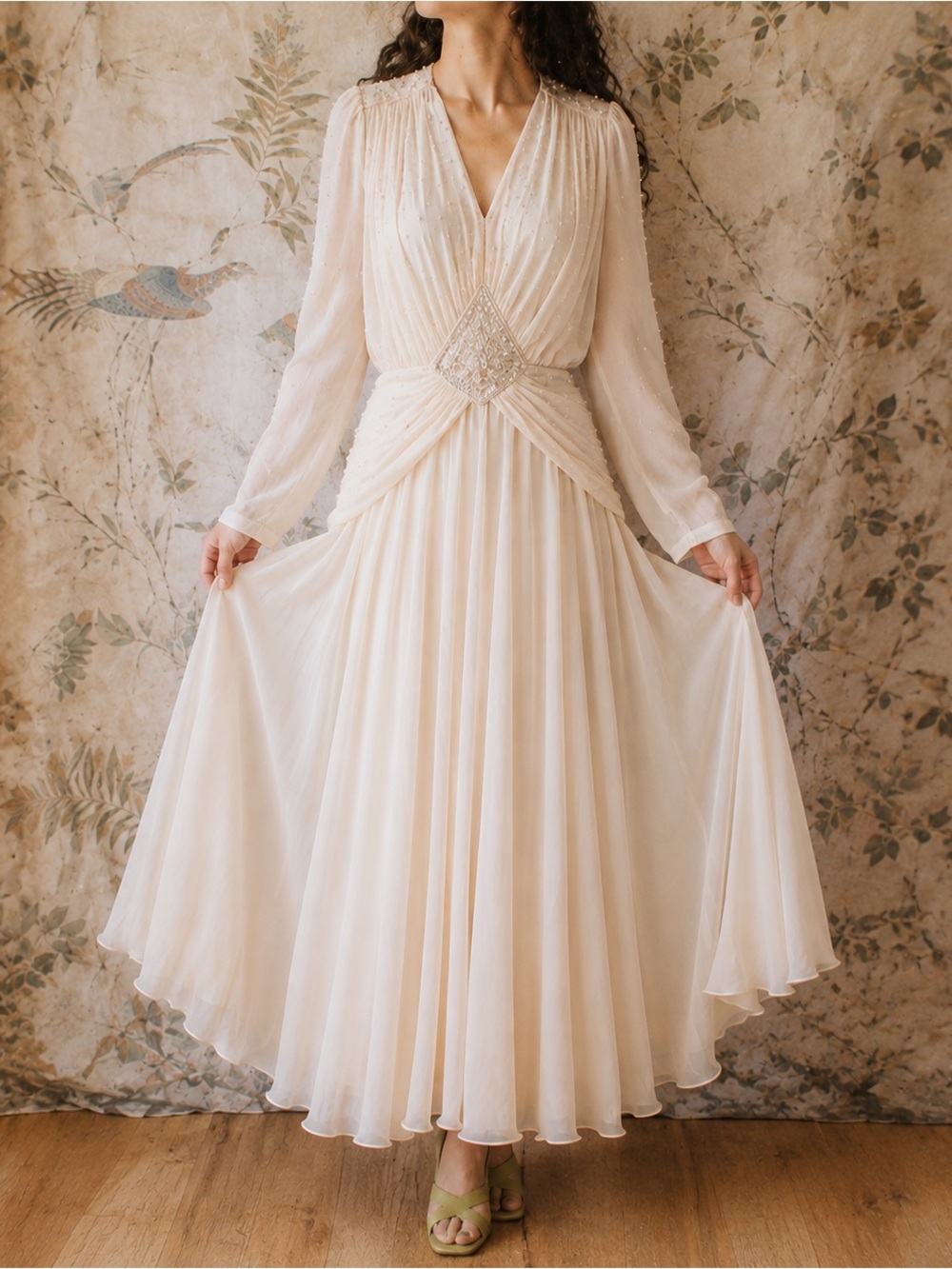 Vintage Pia Rucci Ivory Pearl Beaded Draped Maxi Dress Bridal Formal